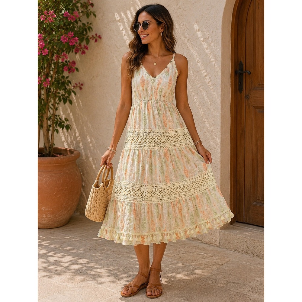 Me 2 Magic Women Cottagecore Block Print Crochet Lace Tiered Tassel Midi Dress M